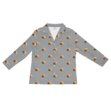 This is a cartoon long sleeve pajama shirt in a gray color with repeating pet faces on them[LongSleevePajamaShirt]