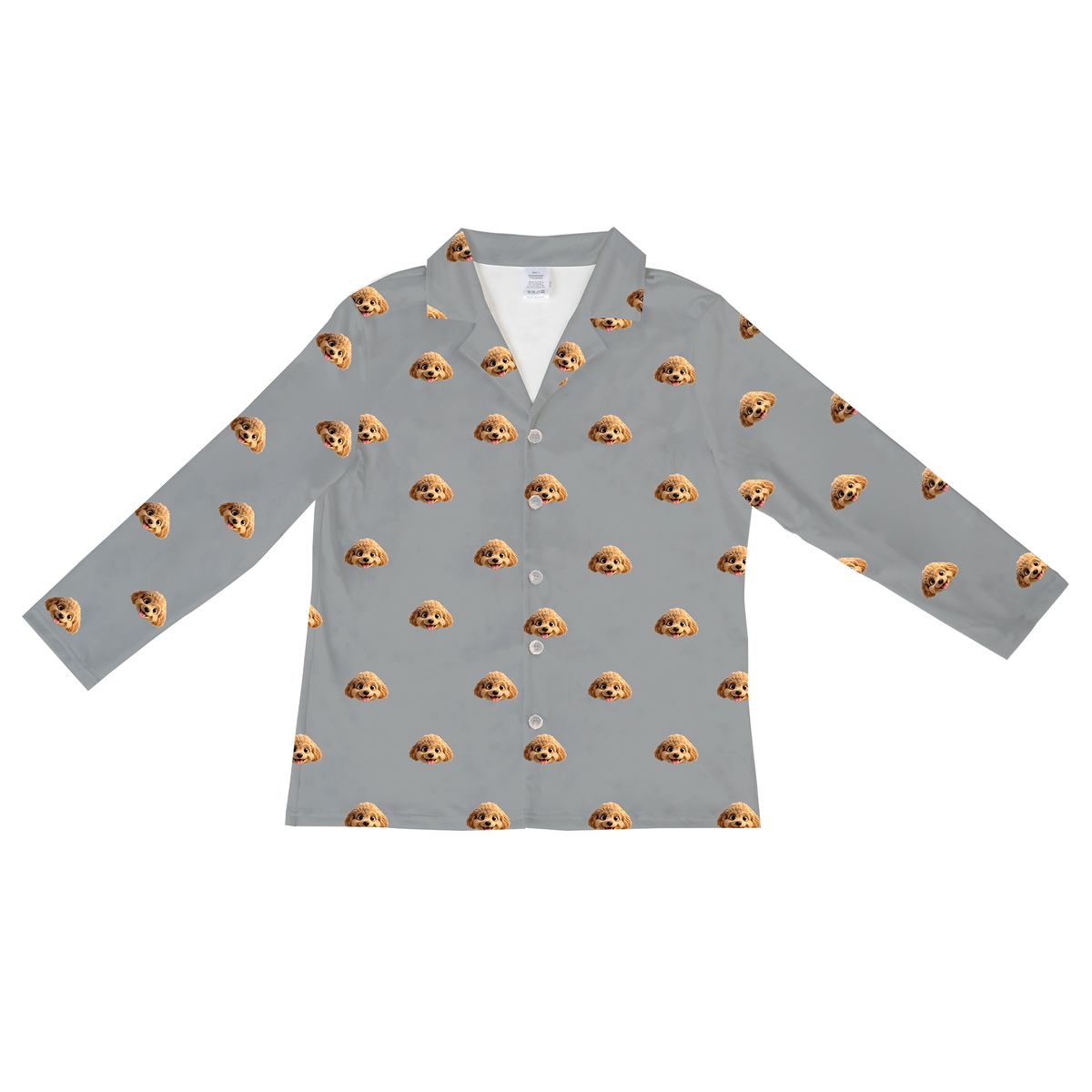 This is a cartoon long sleeve pajama shirt in a gray color with repeating pet faces on them[LongSleevePajamaShirt]