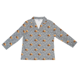 This is a cartoon long sleeve pajama shirt in a gray color with repeating pet faces on them[LongSleevePajamaShirt]