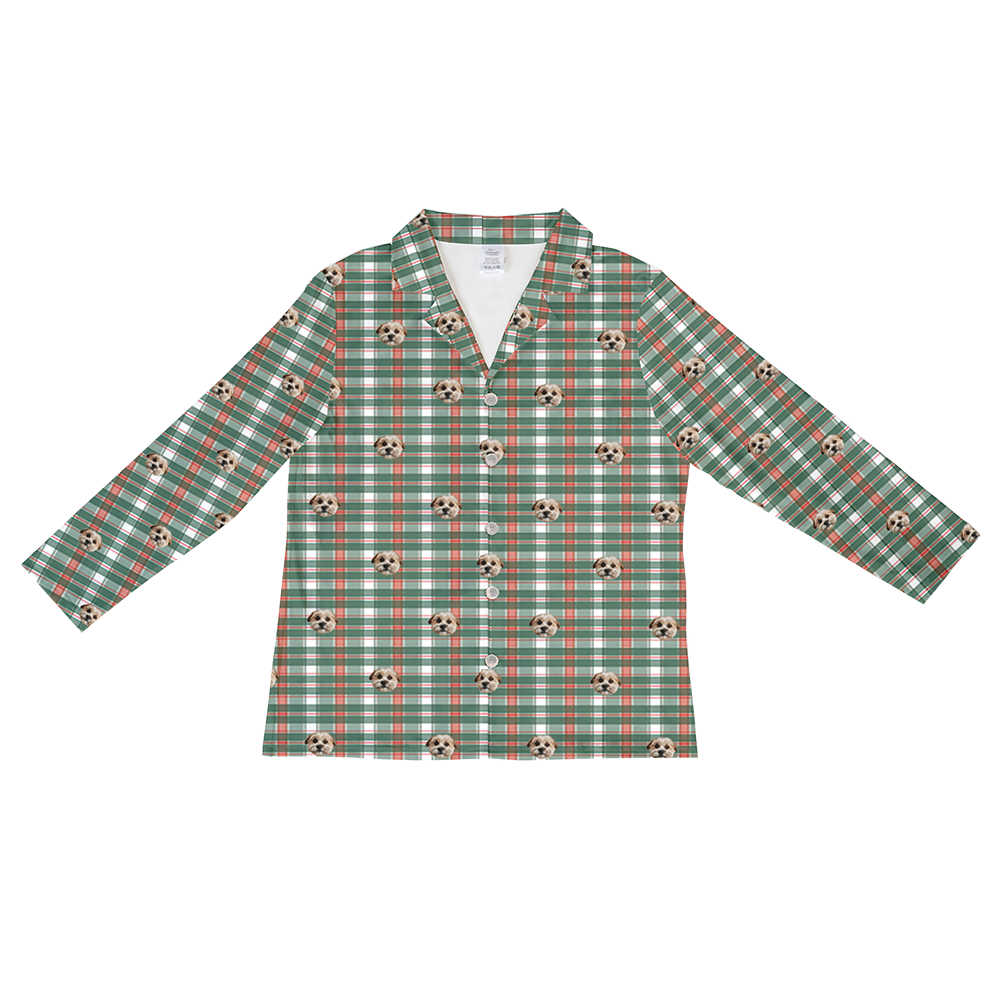 Green plaid shirt with small dog pattern on a white background