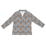 Gray pajama shirt: white Fair Isle pattern and repeating smiling woman prints[HolidaySweaterLongSleevePajamaShirt]