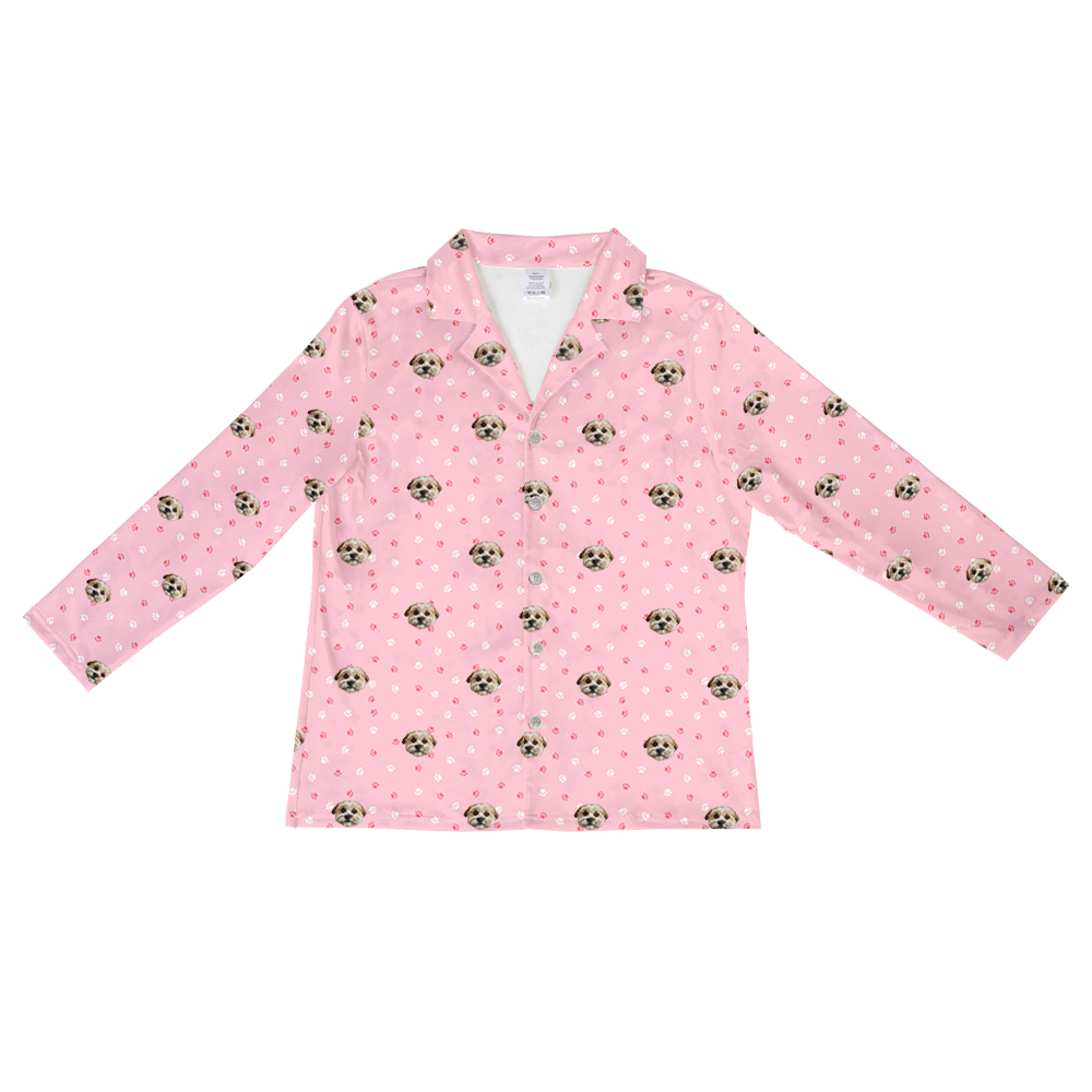 These are pajama long sleeve shirt in a pink color with repeating pet faces on them[LongSleevePajamaShirt]