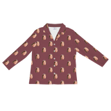 Maroon long-sleeve pajama shirt with repeating smiling young girl face prints[MaroonLongSleevePajamaShirt]