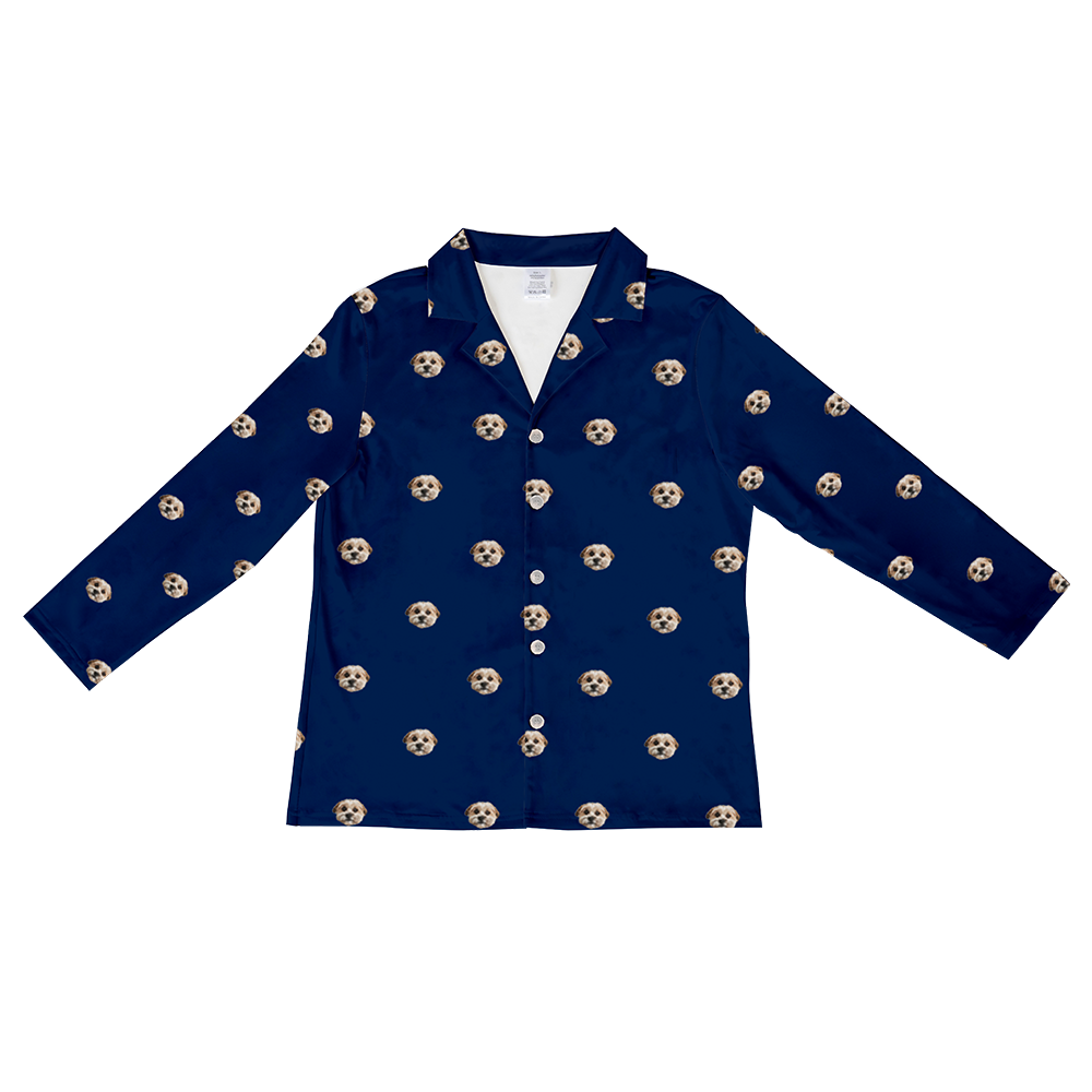 Solid navy long-sleeve button-down pajama top featuring an all-over pattern of a single dog’s face.