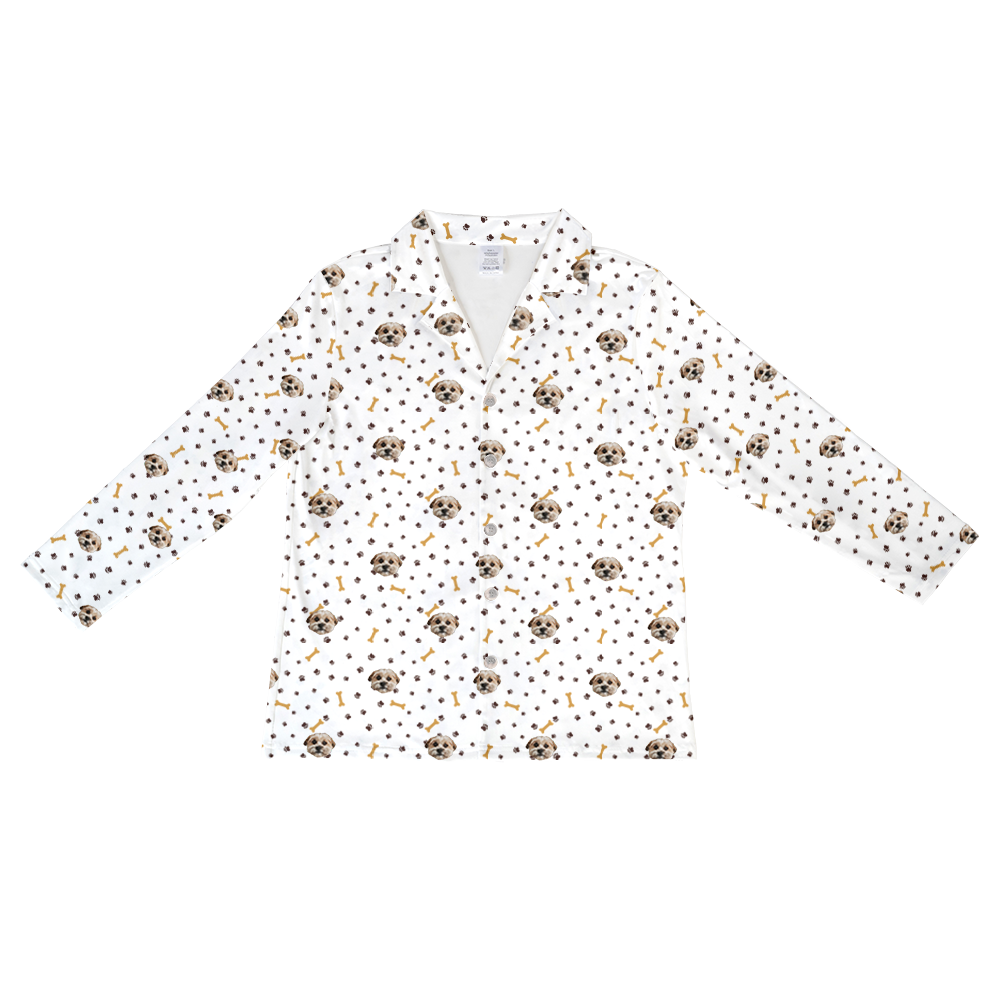 These are pajama long sleeve shirt in a white color with repeating pet faces on them[LongSleevePajamaShirt($53.00)]