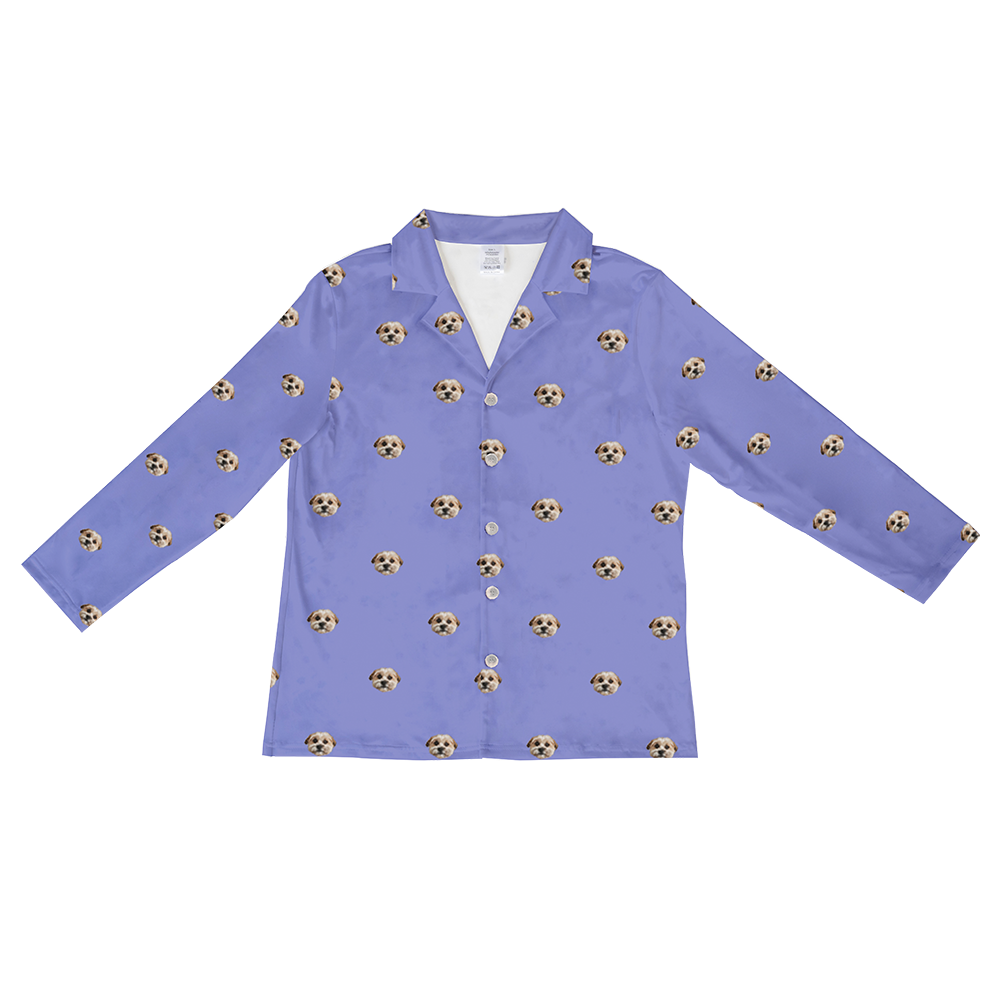 Personalized long-sleeved button-down pajama top in a periwinkle color, featuring a repeating pattern of the face of a single, small tan and white dog.