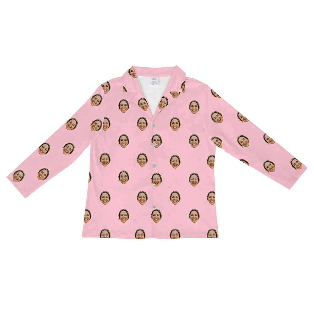 Pink long-sleeve pajama shirt with repeating smiling brown-haired woman prints[PinkDreamLongSleevePajamaShirt]