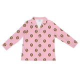 Pink long-sleeve pajama shirt with repeating smiling brown-haired woman prints[PinkDreamLongSleevePajamaShirt]