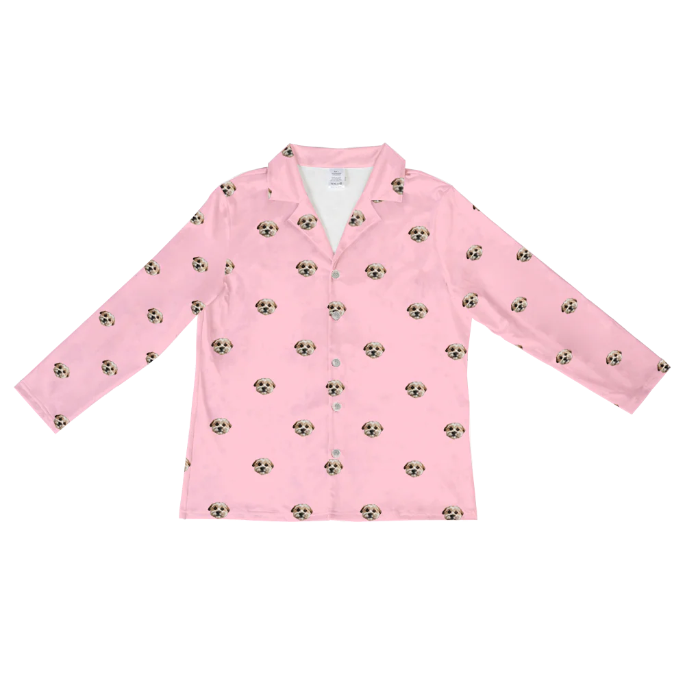 These are pajama long sleeve shirt in a pink color with repeating pet faces on them[LongSleevePajamaShirt($53.00)]