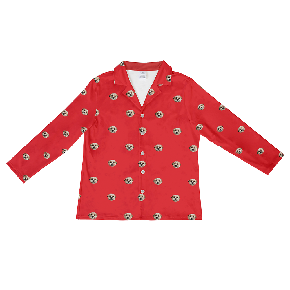 Personalized long-sleeved button-down pajama top on a bright red background, featuring a repeating pattern of the face of a single, light-colored dog.