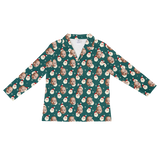Deep teal shirt: baby Santa faces, Santa icons, and white snowflakes repeating prints[SantaLongSleevePajamaShirt]