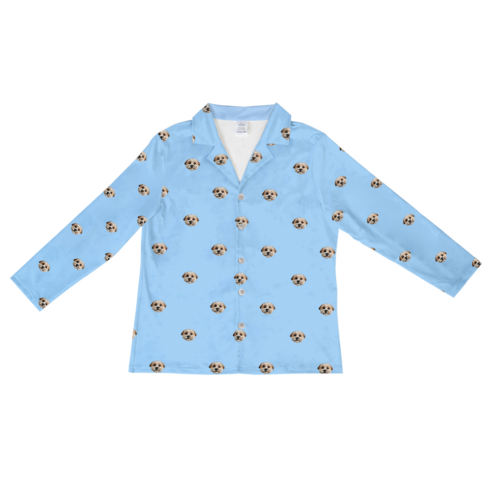 These are pajama long sleeve shirt in a blue color with repeating pet faces on them[SkyBlueLongSleevePajamaShirt]