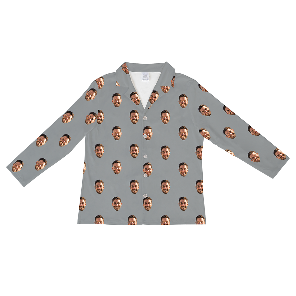 Slate gray long-sleeve pajama shirt with repeating smiling bearded man prints[SlateGrayLongSleevePajamaShirt]