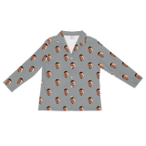 Slate gray long-sleeve pajama shirt with repeating smiling bearded man prints[SlateGrayLongSleevePajamaShirt]
