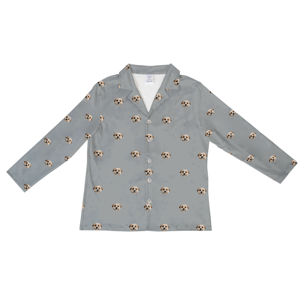 Slate grey long-sleeve pajama top featuring an all-over pattern of small dog faces.