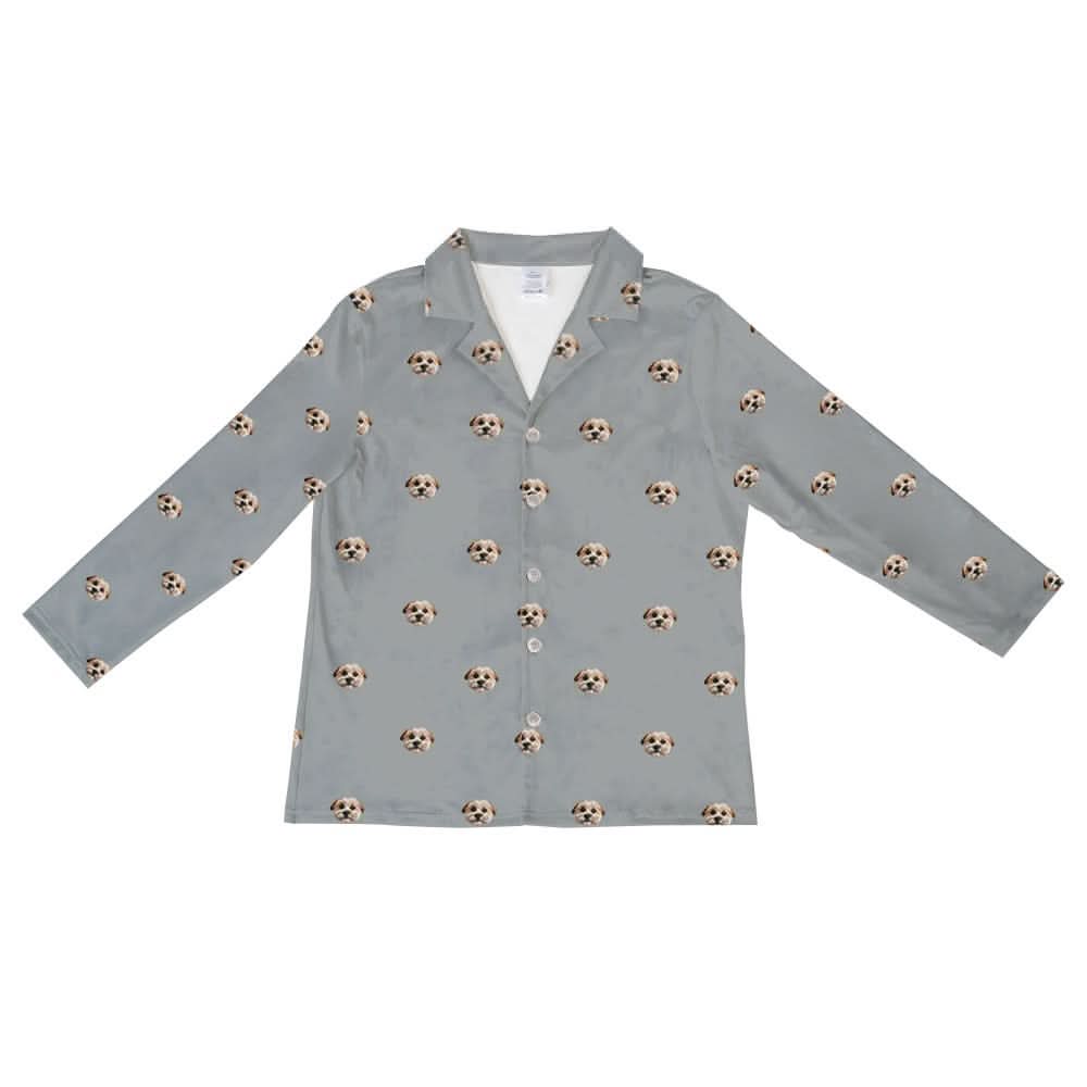 These are pajama long sleeve shirt in a gray color with repeating pet faces on them[SlateGrayLongSleevePajamaShirt]