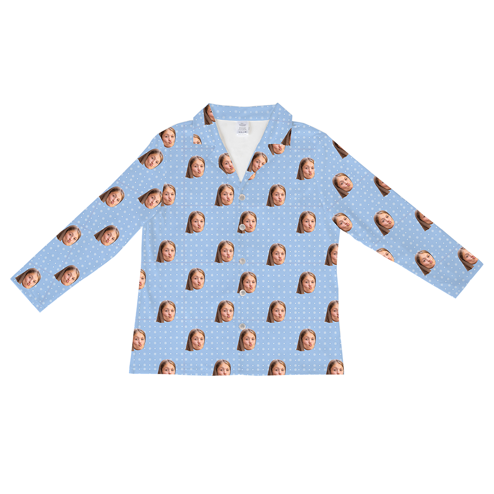 Light blue shirt: white snowy dots and repeating young girl face prints[SnowflakesLongSleevePajamaShirt]