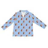 Light blue shirt: white snowy dots and repeating young girl face prints[SnowflakesLongSleevePajamaShirt]