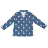 Dusty blue long-sleeve pajama shirt with repeating smiling young boy prints[SolidBlueLongSleevePajamaShirt]