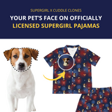 Supergirl-themed pajamas with a dog's face printed on them, featuring text about customization.