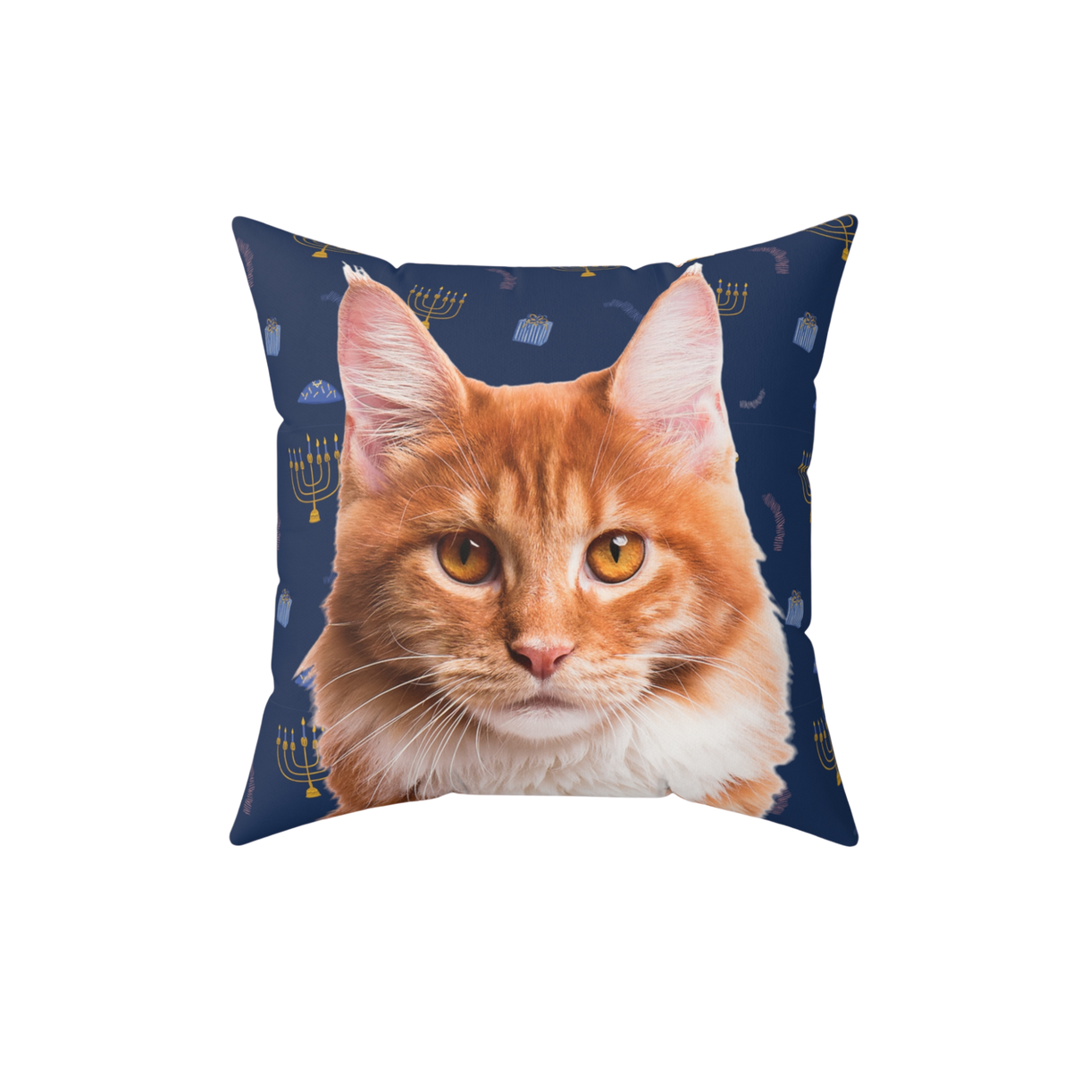 Square throw pillow featuring a realistic orange tabby cat on a light pink background patterned with red candy canes.
