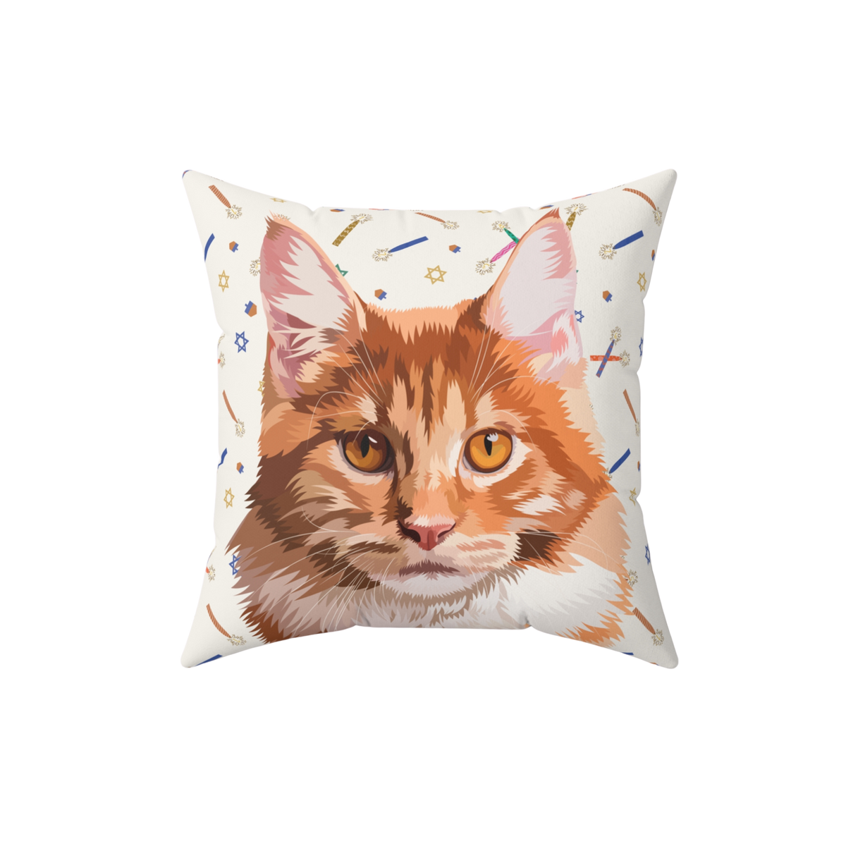 Square throw pillow featuring an illustrated orange tabby cat on a cream-colored background decorated with colorful Hanukkah-themed icons, including candles, stars, and sparkles.