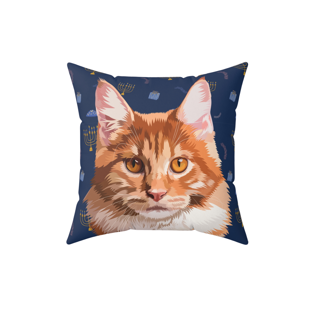 Square throw pillow featuring an illustrated orange tabby cat on a dark blue background decorated with Hanukkah-themed icons, including menorahs, dreidels, and candles.