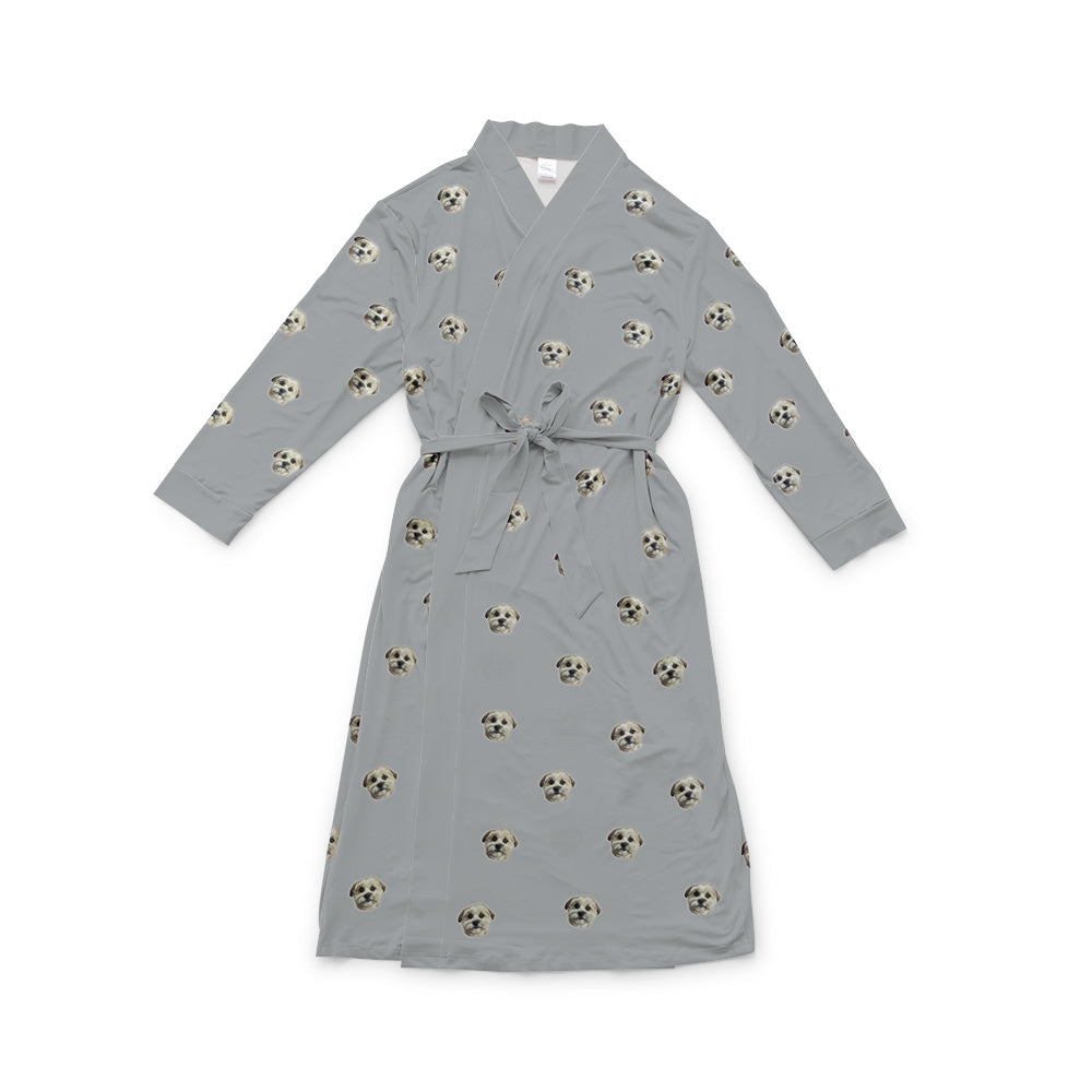 Gray robe with a waist tie and an all-over print of small dog faces, shown on a white background