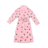 Pink robe with a waist tie and an all-over print of small dog faces, shown on a white background