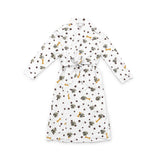 White robe with a waist tie and an all-over print of small dog faces, shown on a white background[PawsandBones]