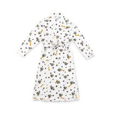 White robe with a waist tie and an all-over print of small dog faces, shown on a white background