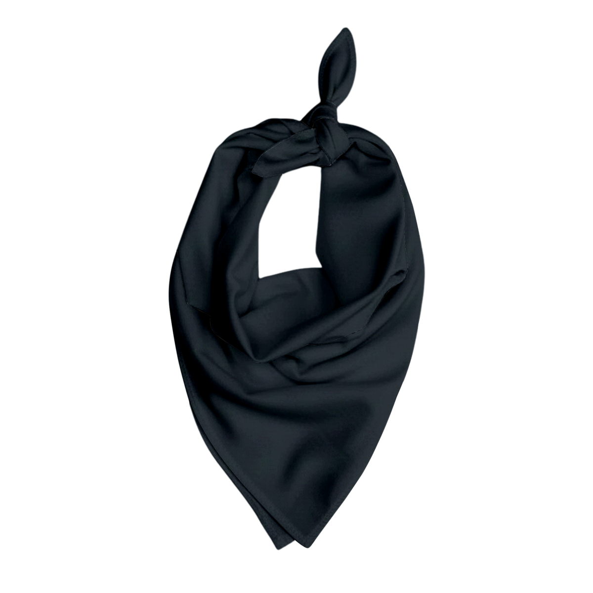 Solid black pet bandana with a smooth fabric texture, shown tied at the top in a triangular shape against a matching black background.