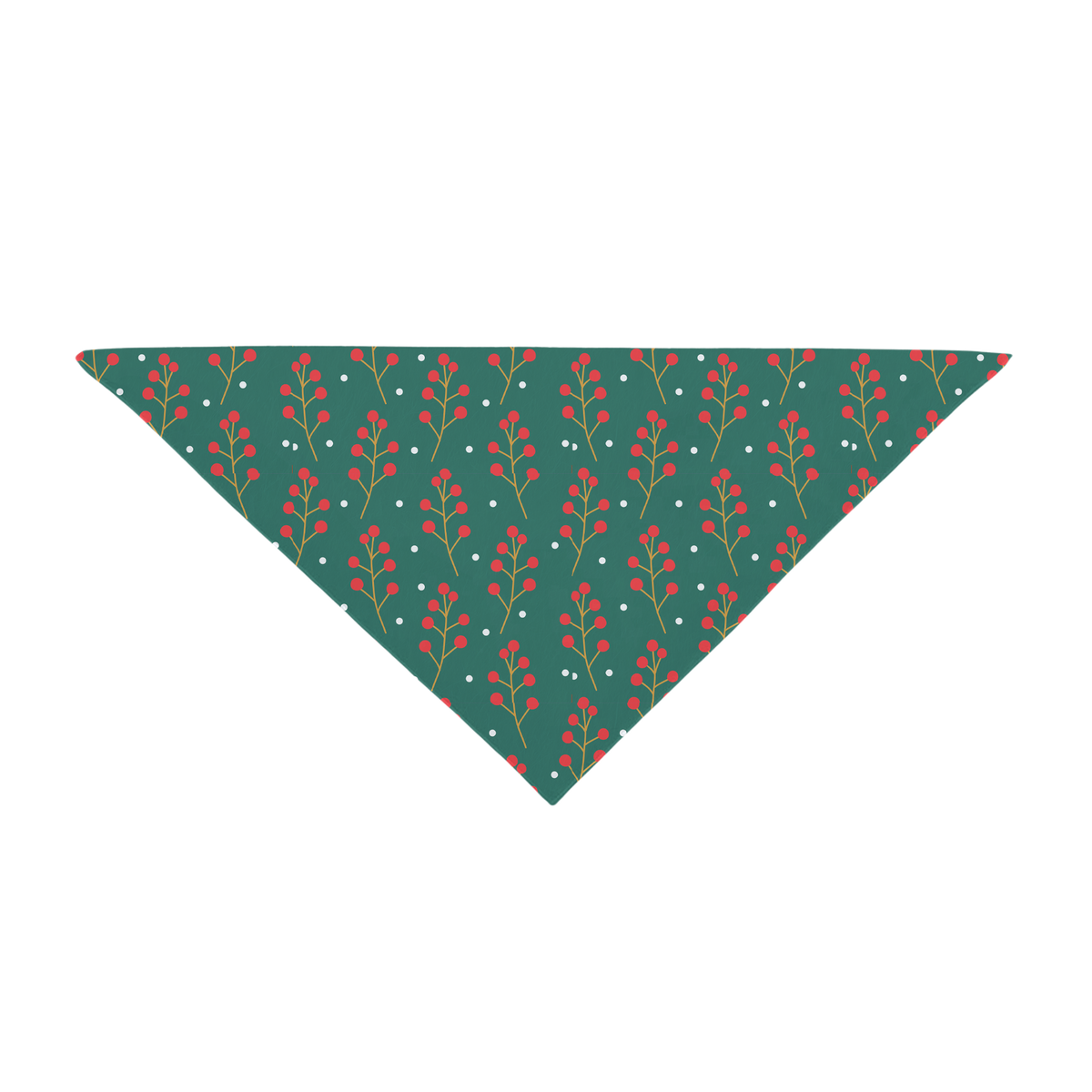 The Custom Pet Bandana is a triangular dark green accessory featuring a repeating pattern of small red berry branches and white dots. Its plain white background is ideal for personalization or matching your Cuddle Clone.