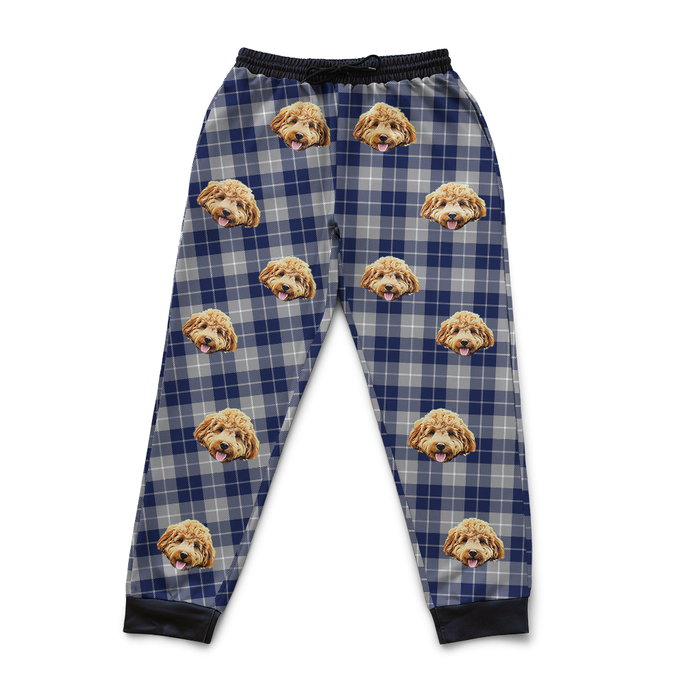 Navy & Gray Plaid pajama pants with dog face pattern on a white background