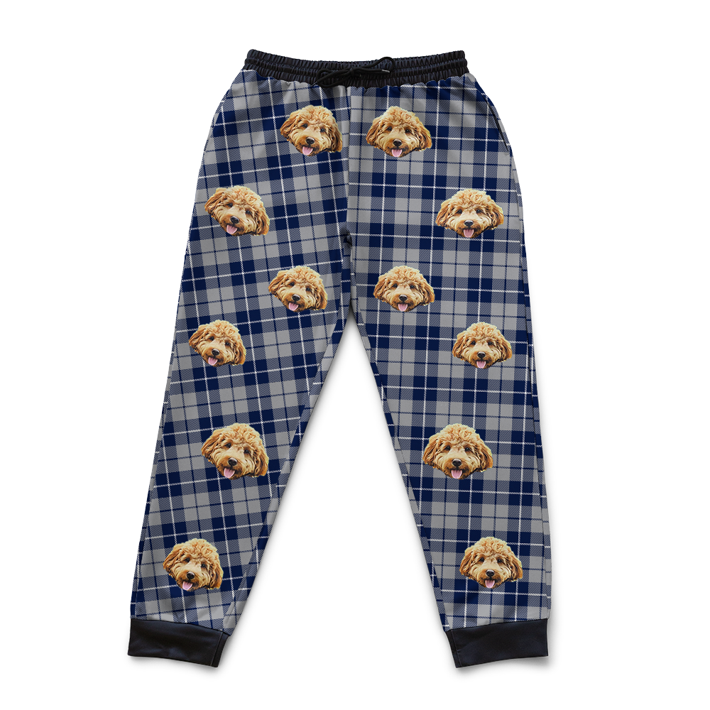 Silver & Navy Plaid pajama pants with dog face pattern on a white background