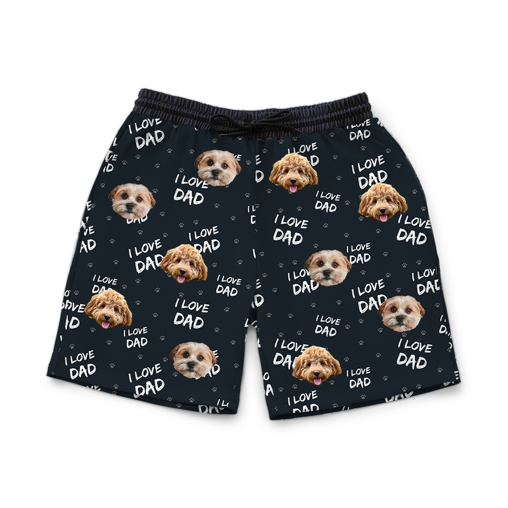 Black shorts with dog pattern on a white background
