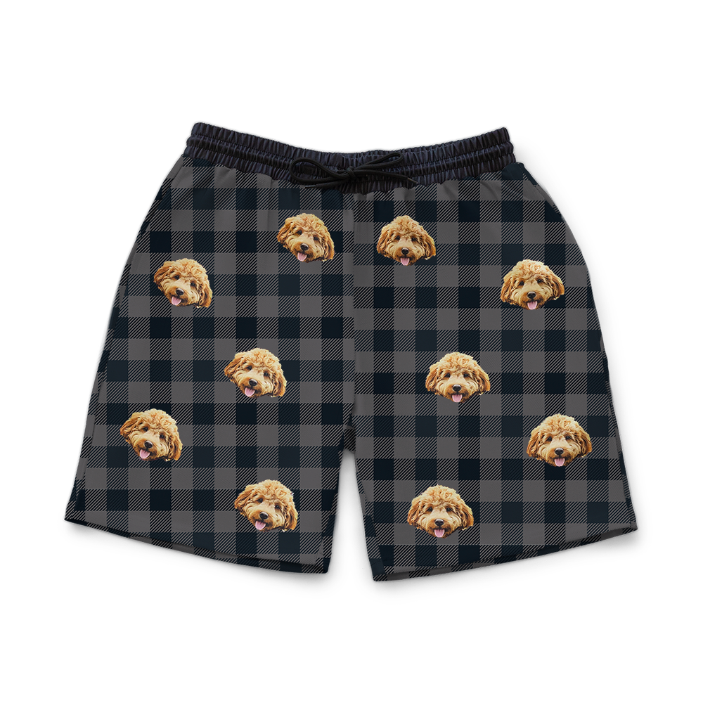 Black Charcoal Plaid shorts with dog pattern on a white background