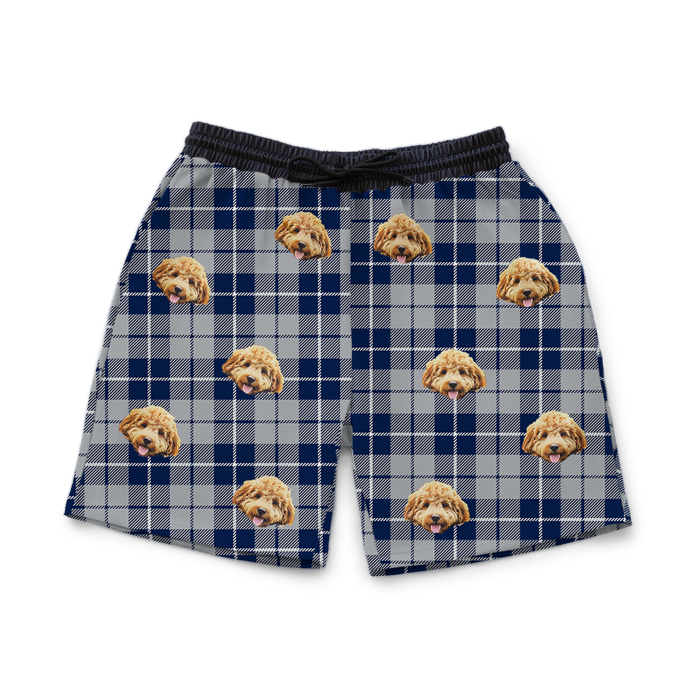 Silver & Navy Plaid shorts with dog pattern on a white background