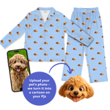 Light blue kids' PJs, repeating custom dog cartoon, shown with photo-to-cartoon graphic.