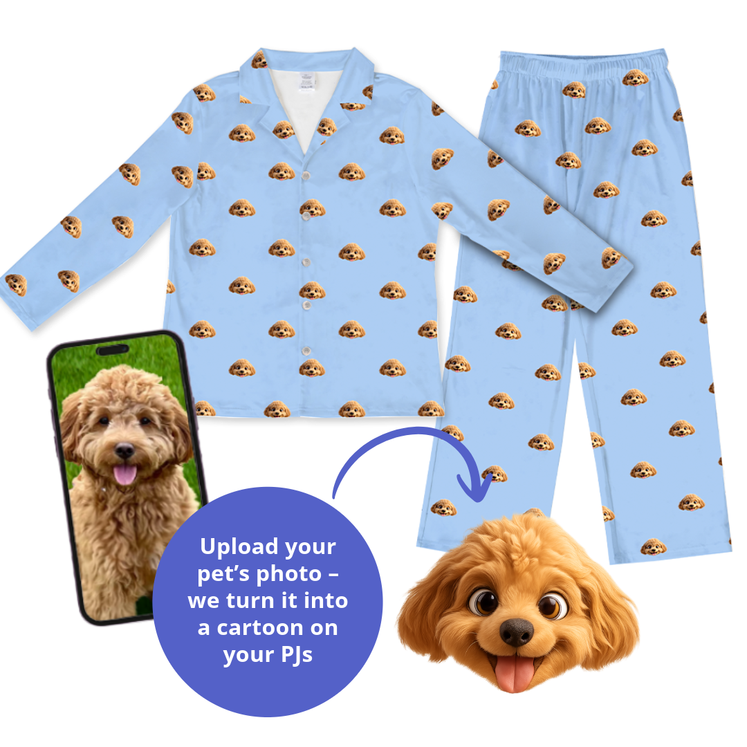 Light blue children's pajama set featuring a repeating pattern of a dog's face, with an illustration showing a phone displaying a pet's photo and a cartoon version of the dog with text 'Upload your pet’s photo — we turn it into a cartoon on your PJs'.