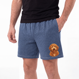 Navy shorts with a dog illustration worn by a person on a white background[HeatherNavy]