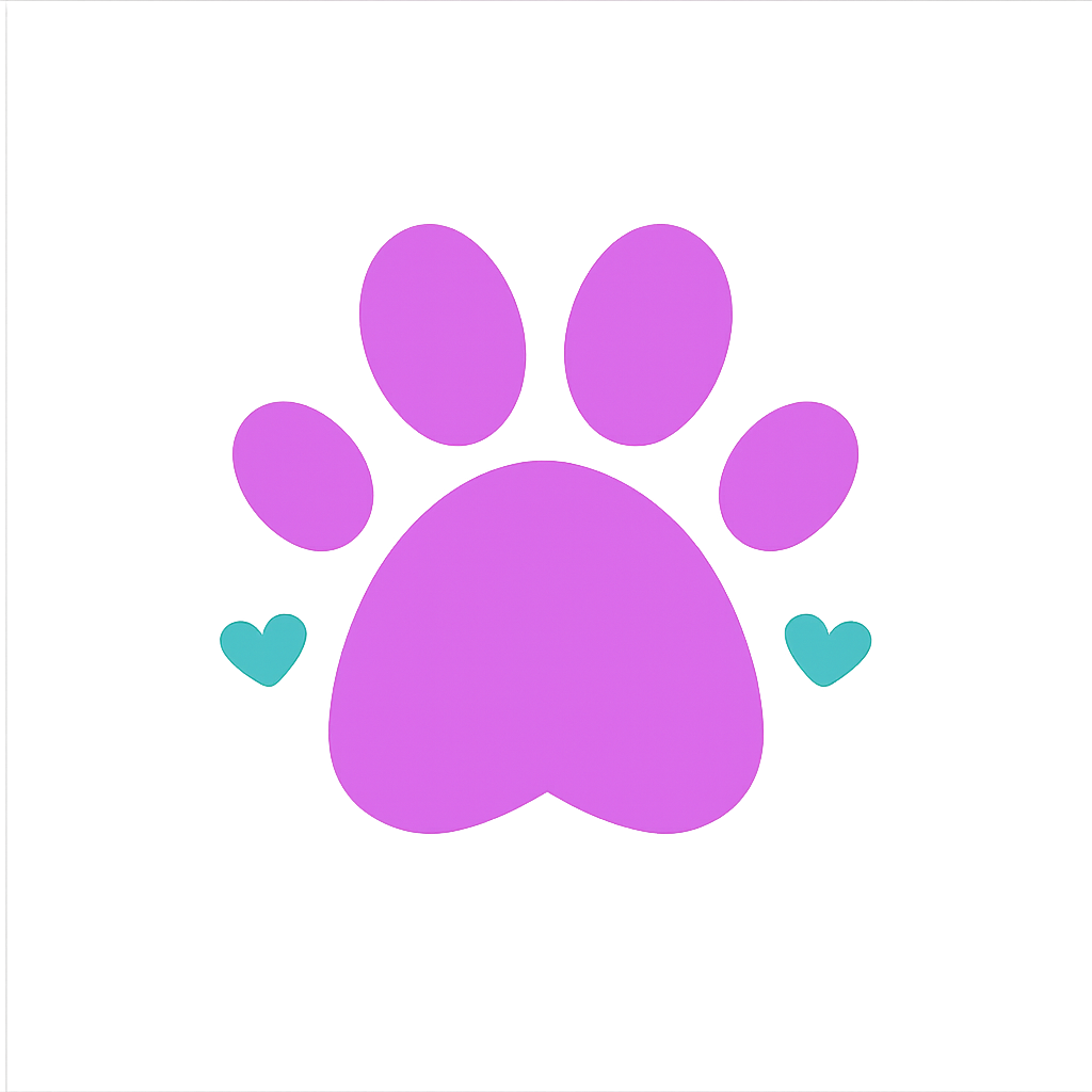 Pink paw print icon with four toe pads and main pad, with two cyan heart accents on transparent background