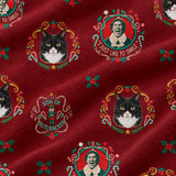 Close-up of the Christmas Cheer print showing custom pet faces in festive frames with candy canes on a red fabric