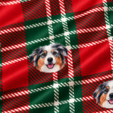 Close-up of the Christmas Plaid print showing custom pet faces on a red and green tartan plaid fabric
