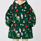 A person wearing a dark green hooded sweatshirt with a festive Christmas dog print, featuring dogs in suits, red envelopes, Christmas trees, and houses. The hoodie has a white sherpa-lined hood and a front kangaroo pocket.
