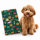 A small brown poodle sits beside a wrapped gift box on a clean white background. The gift box is dark green with a holiday print featuring dogs, Santa Claus, Christmas trees, and ornaments, tied with a twine bow.