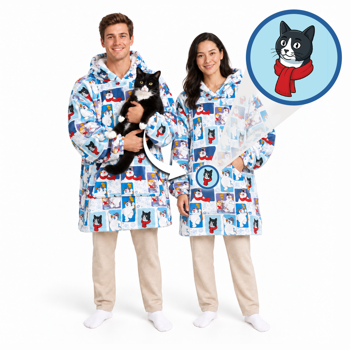 A man and a woman modeling matching hooded jackets covered in a collage print of tuxedo cats wearing scarves, standing against a white studio background. One model holds a black-and-white cat, and a circular inset shows the tuxedo cat scarf motif.