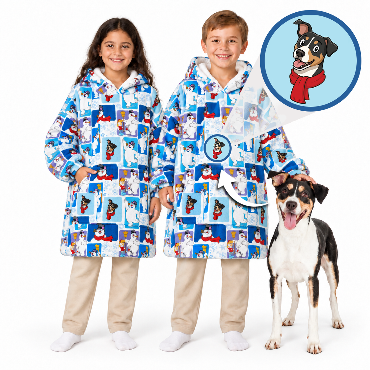 Two children and a dog wearing matching hooded blankets with a blue winter-themed cartoon print, shown against a white background with a circular inset showing the dog illustration.