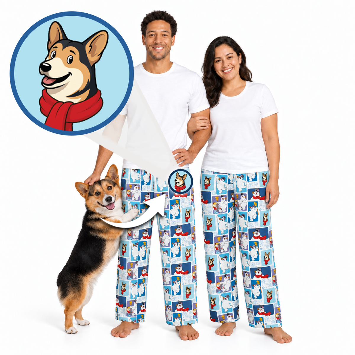 A man and a woman wearing matching white t-shirts and light blue pajama pants with a repeating cartoon dog print, standing barefoot against a white background. A circular inset shows a dog wearing a red scarf, and an arrow points from that inset to the pants pattern, suggesting the pajamas feature a dog-themed print.