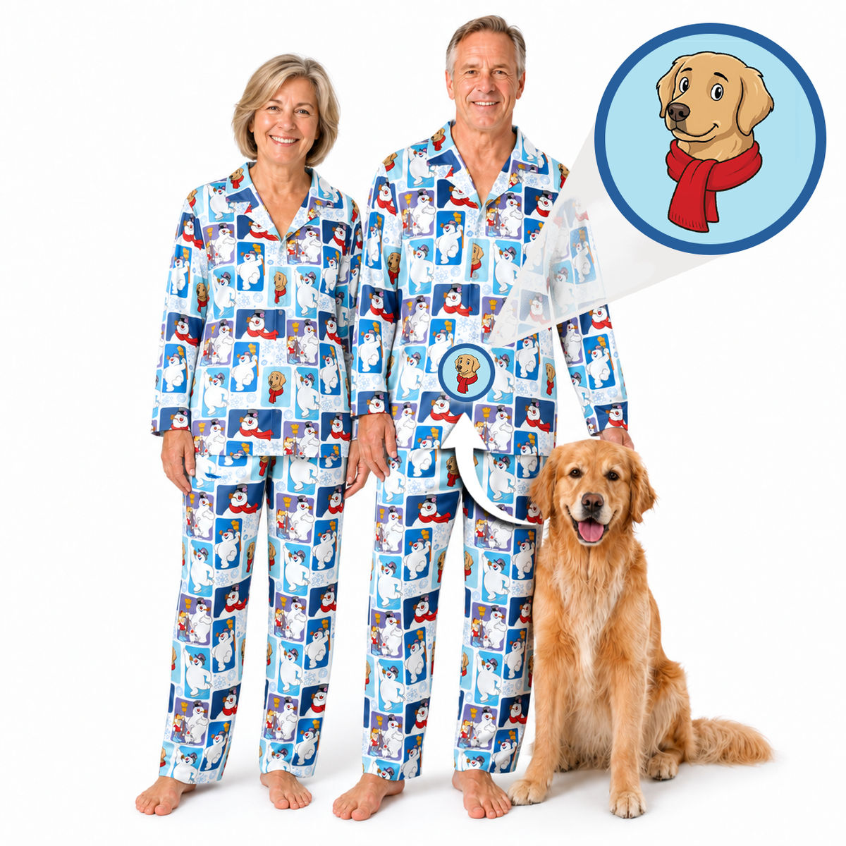 A man and a woman wearing matching blue patterned pajamas stand barefoot on a white background, with a golden retriever beside them. A circular inset shows a cartoon dog wearing a red scarf, indicating the scent or theme of the pajamas.